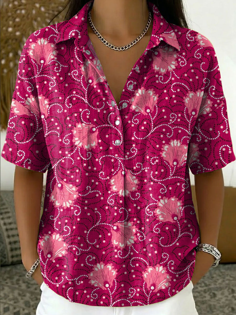 Women's Vintage Botanical Floral Casual Polo Collar Short-sleeved Linen And Cotton Shirt