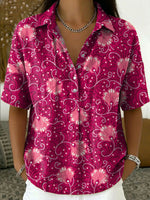 Women's Vintage Botanical Floral Casual Polo Collar Short-sleeved Linen And Cotton Shirt