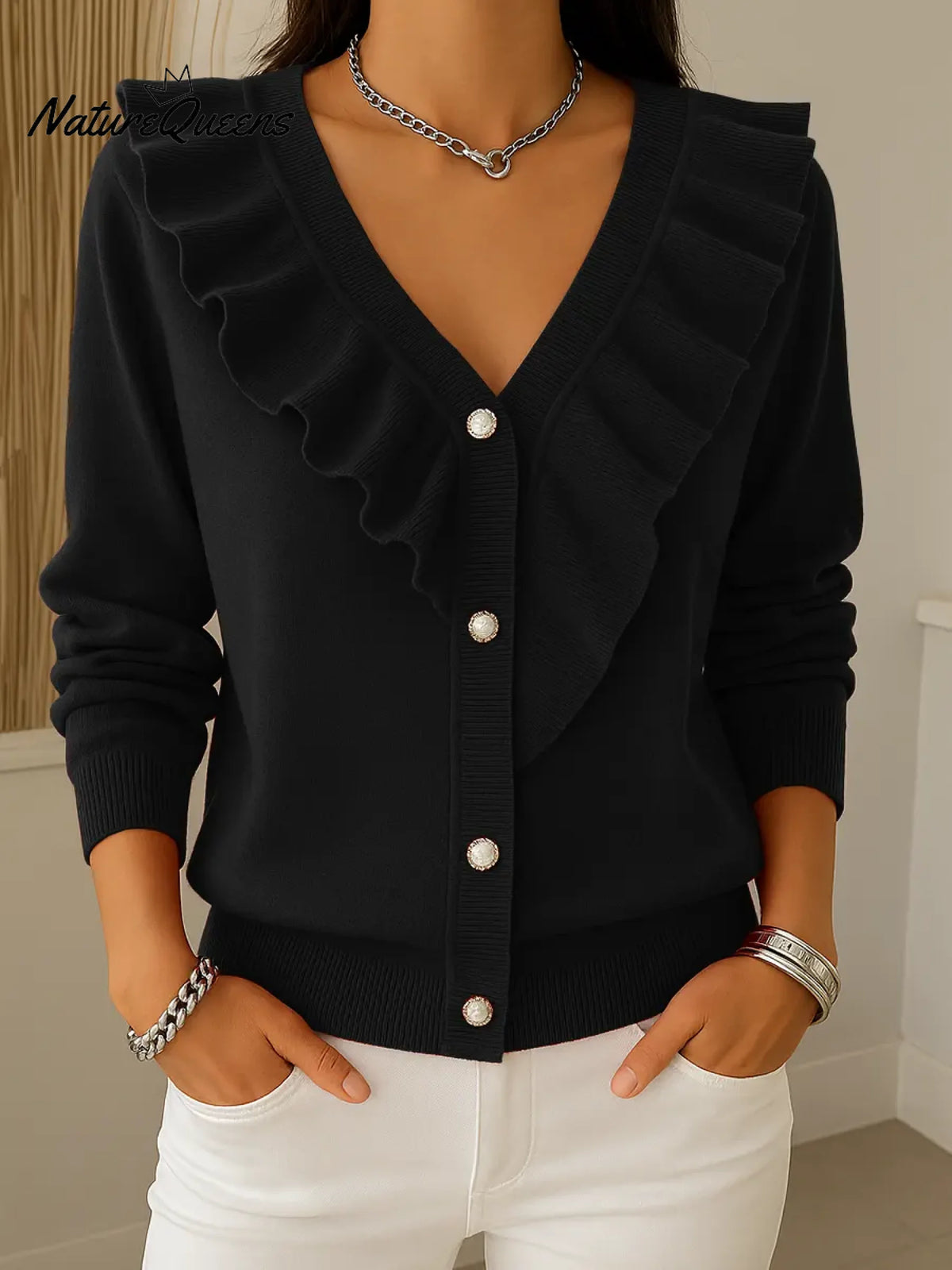 Women's Solid Color V-neck Long Sleeve Casual Loose Ruffled Knit Cardigan