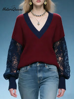 Women's Color-block Lace-paneled V-neck Long-sleeved Casual Loose-fitting Knitted Sweater