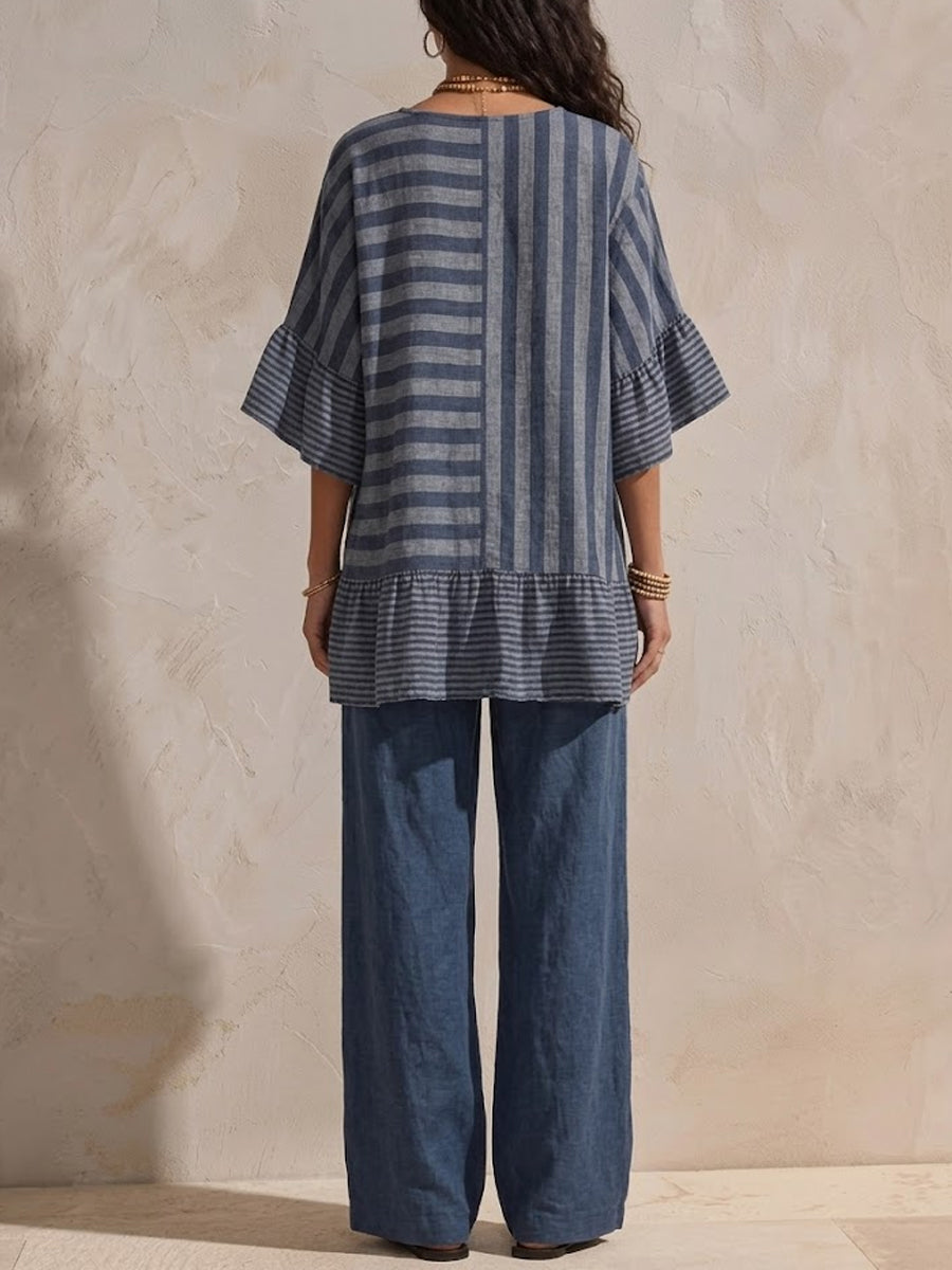 Women's Blue Mood Spliced Striped Cotton-linen Casual Set