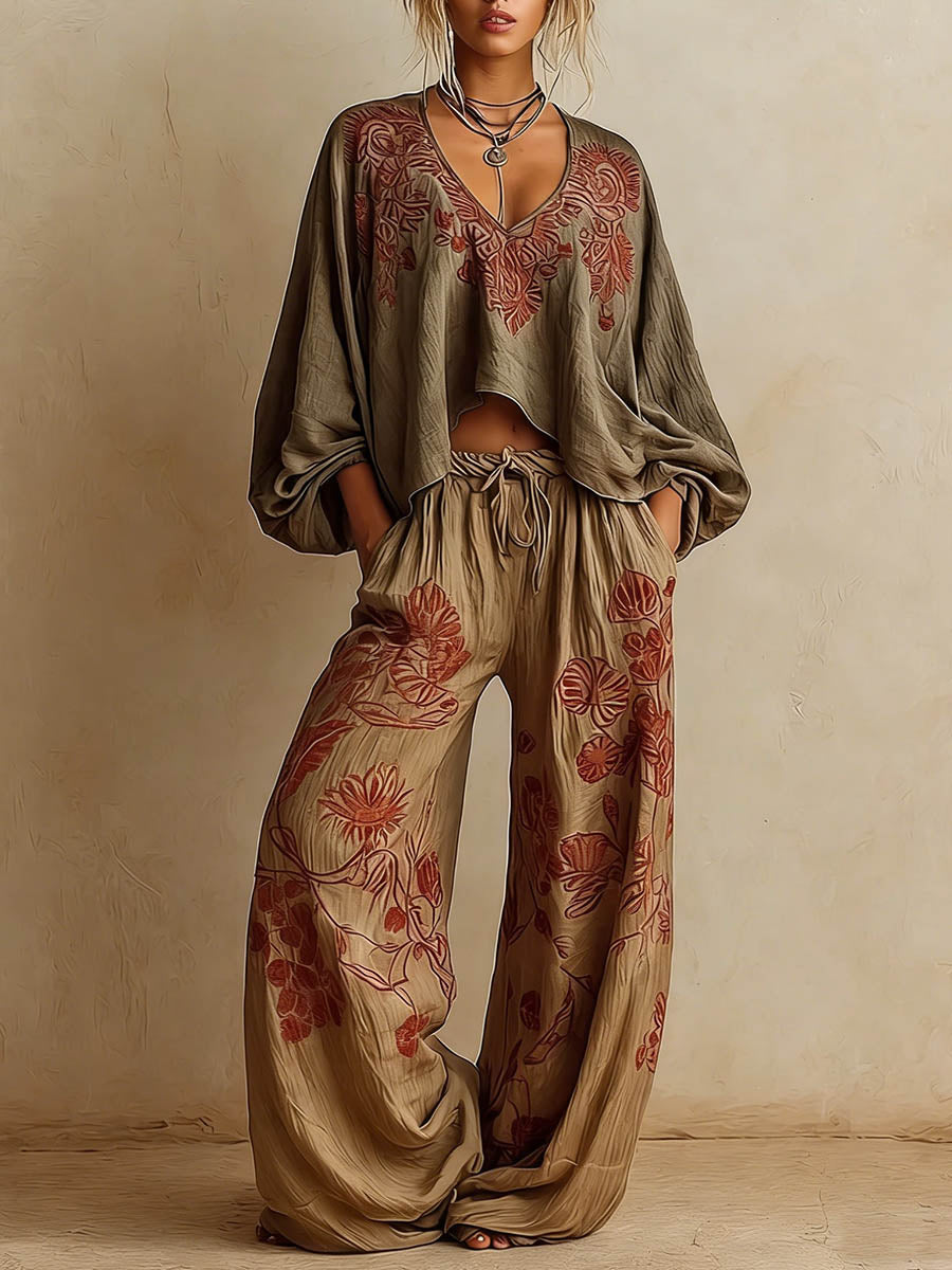 Women's Vintage-print Cotton-linen Two-piece Set: V-neck Long-sleeve Loose-fit Top & Elastic-waist Wide-leg Pants