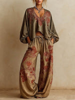 Women's Vintage-print Cotton-linen Two-piece Set: V-neck Long-sleeve Loose-fit Top & Elastic-waist Wide-leg Pants