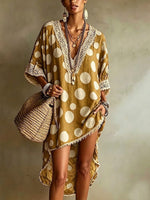 Loose-fit Casual Linen-cotton Dress With Polka Dot And Lace Trim Splicing