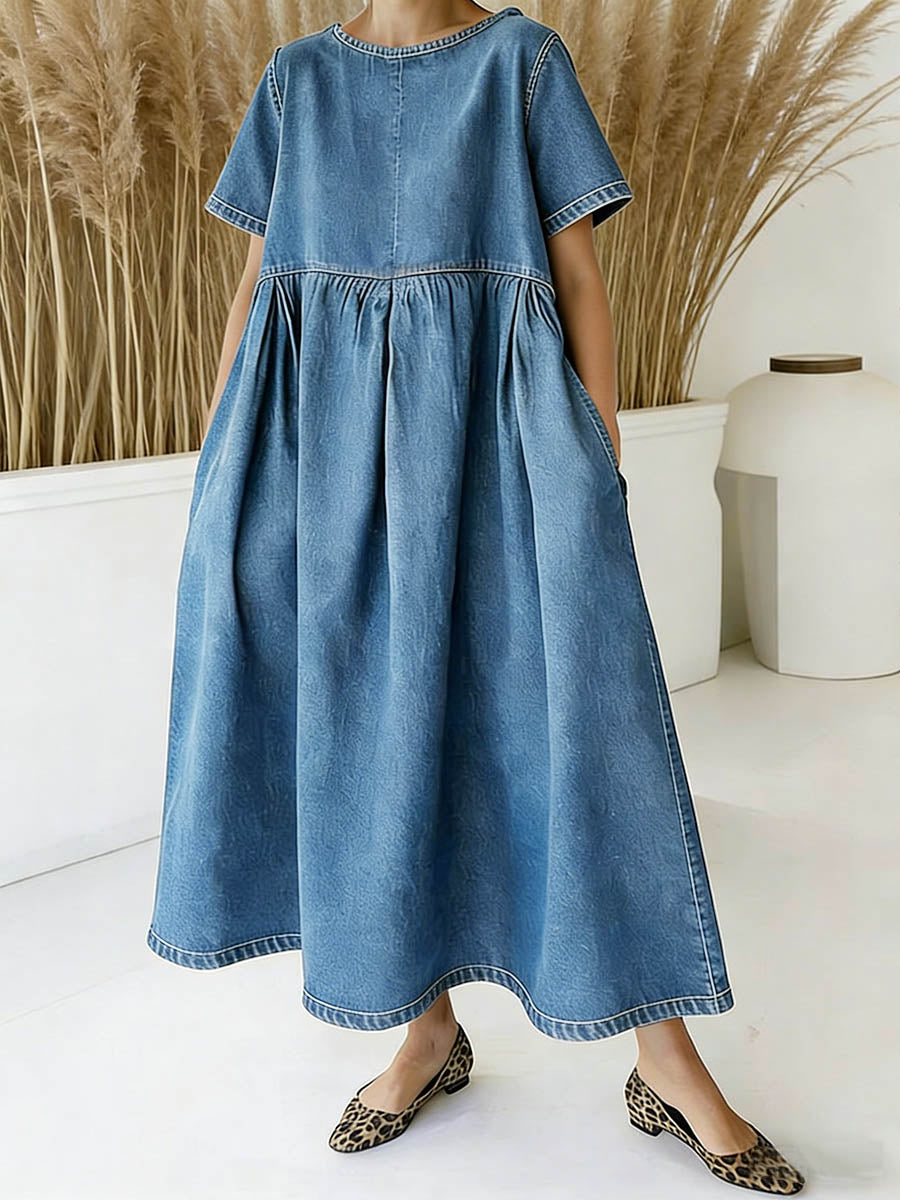Women's Round Neck Short-sleeved Casual Loose Denim Dress