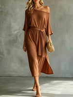 Women's One-shoulder 3/4-sleeve Side Slit And Tie Detail Dress