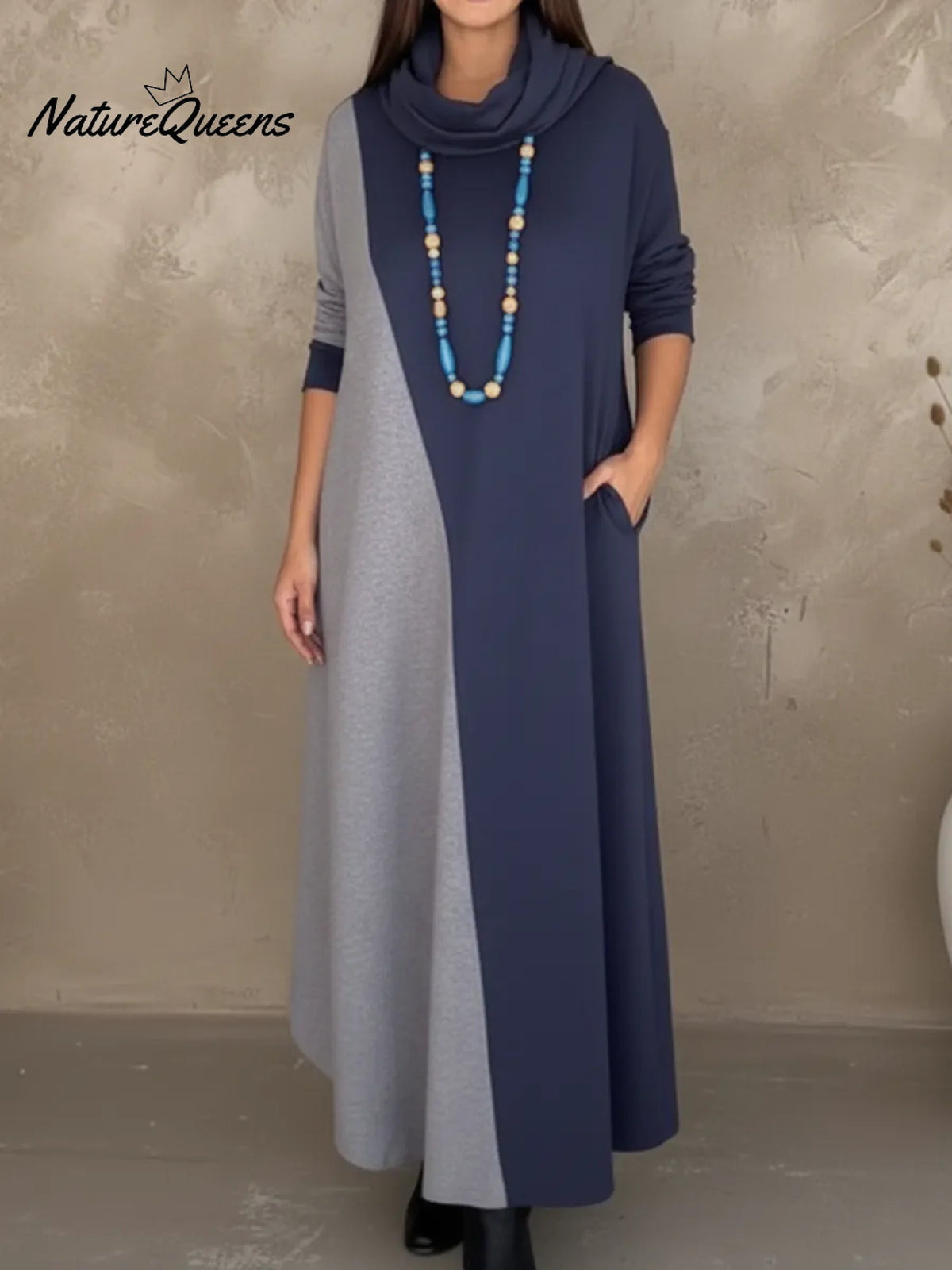 Retro Cowl Collar Color Block Knit Dress