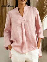 Women's Solid Color V-neck Long Sleeve Casual Loose Cotton Top