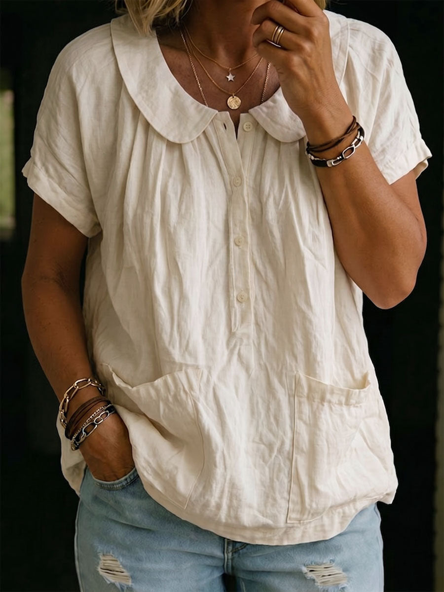 Women's Solid Color Peter Pan Collar Short-sleeve Casual Loose Cotton-linen Top