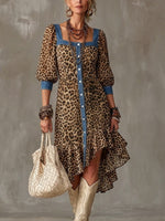 Casual Spliced denim & Leopard-print Chiffon Dress