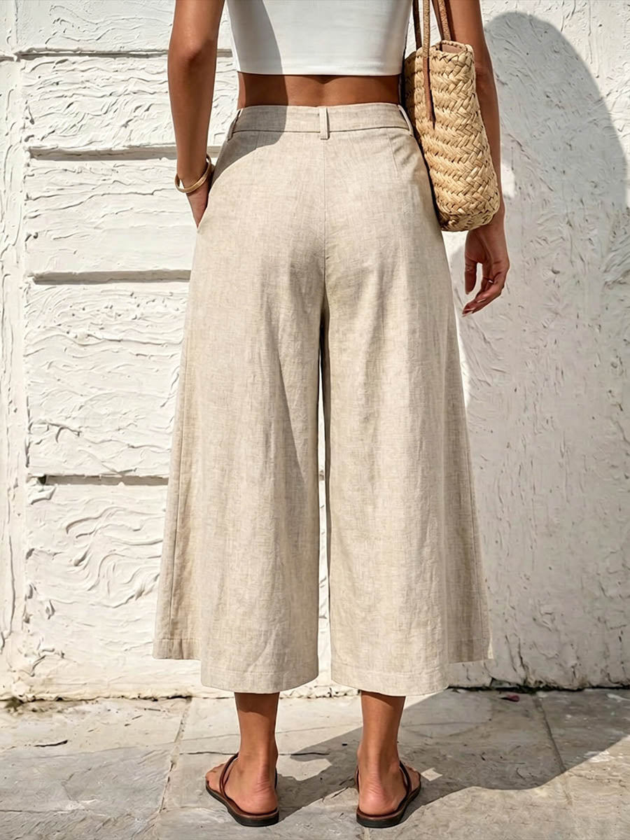 Pantalones casuales de mujer de color liso, talle alto, corte holgado, de algodón y lino, pierna ancha.
