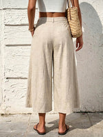 Pantalones casuales de mujer de color liso, talle alto, corte holgado, de algodón y lino, pierna ancha.