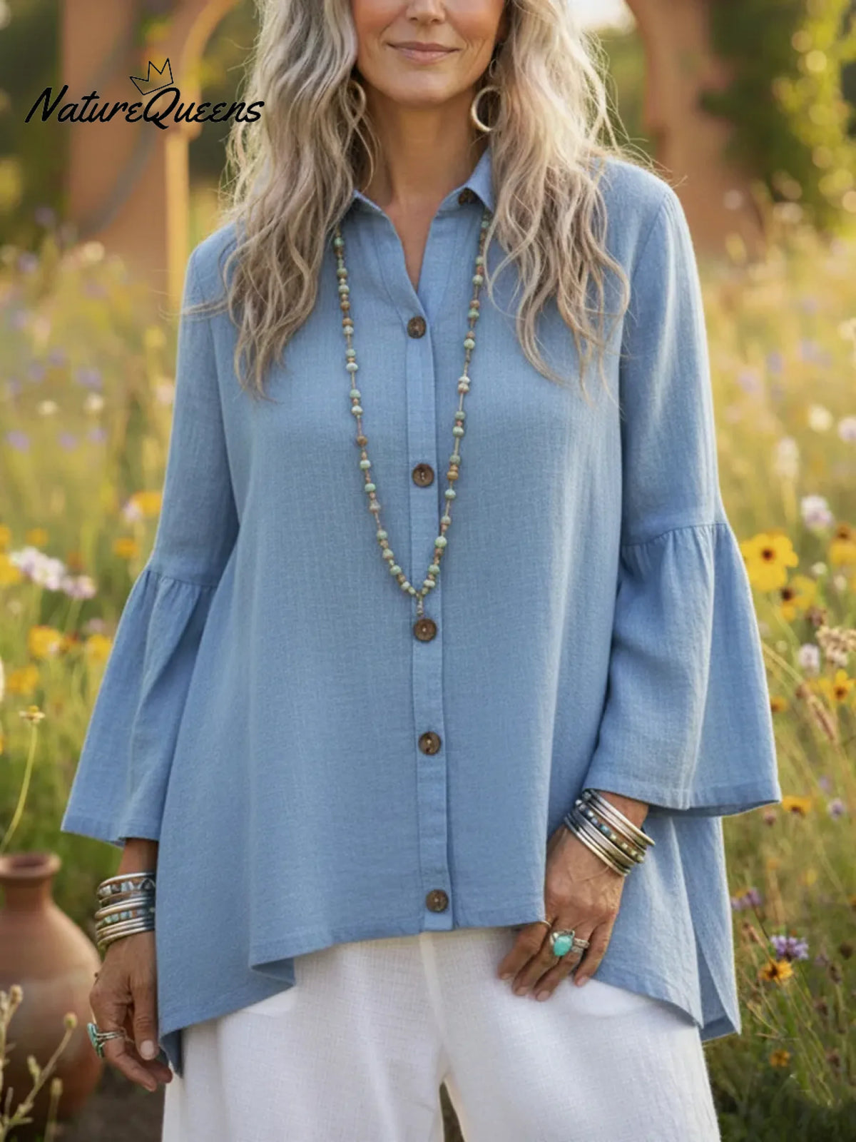 Cozy Button-down Flared Sleeve Linen Shirt Top