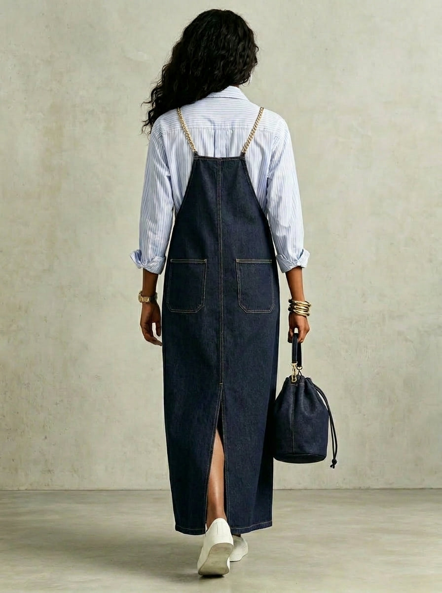 Women's Stylish Causal Metal Chain Strap Pockets V-neck Maxi Dress
