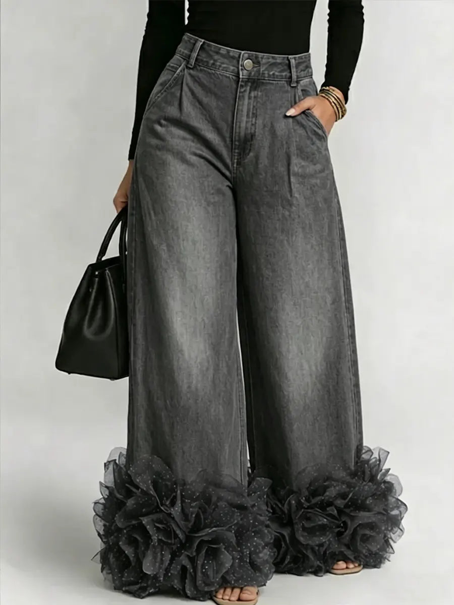 Women's Mesh Large Floral Wide-leg Jeans