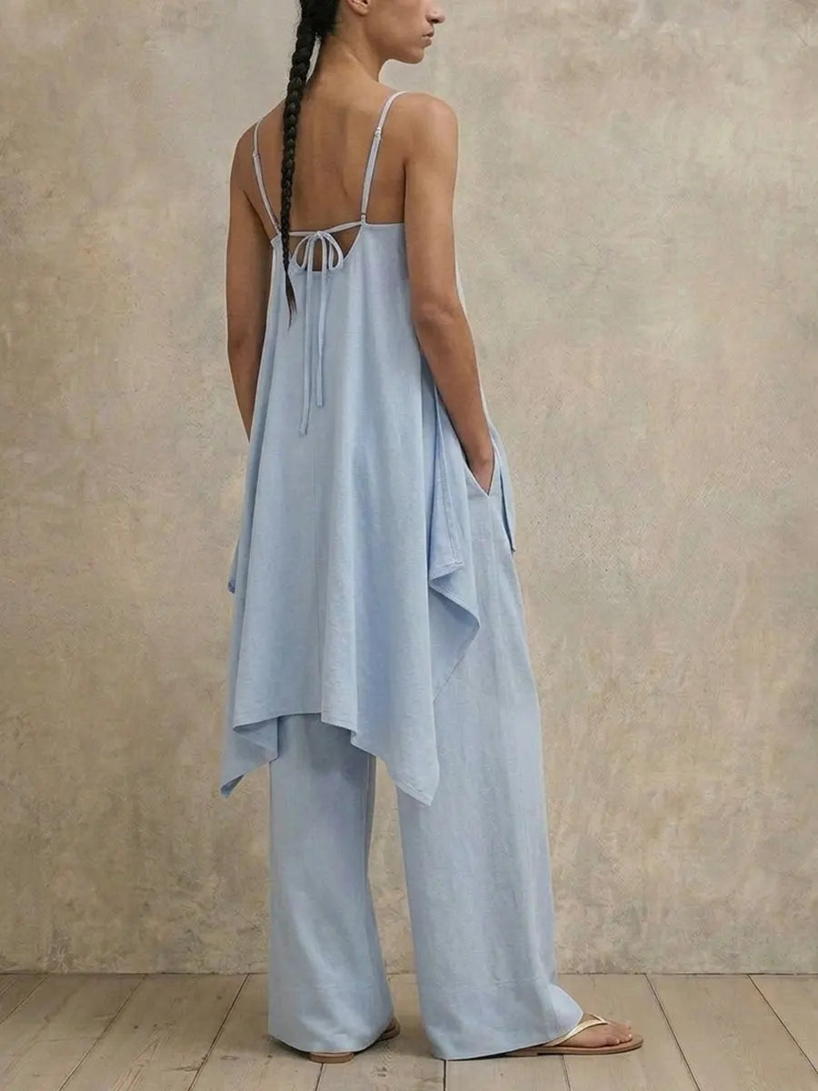 Women Light Blue Linen Blend 2 Piece Outfit, Spaghetti Strap Side Split Long Cami Top + High Waist Wide Leg Pants Casual Lounge Set