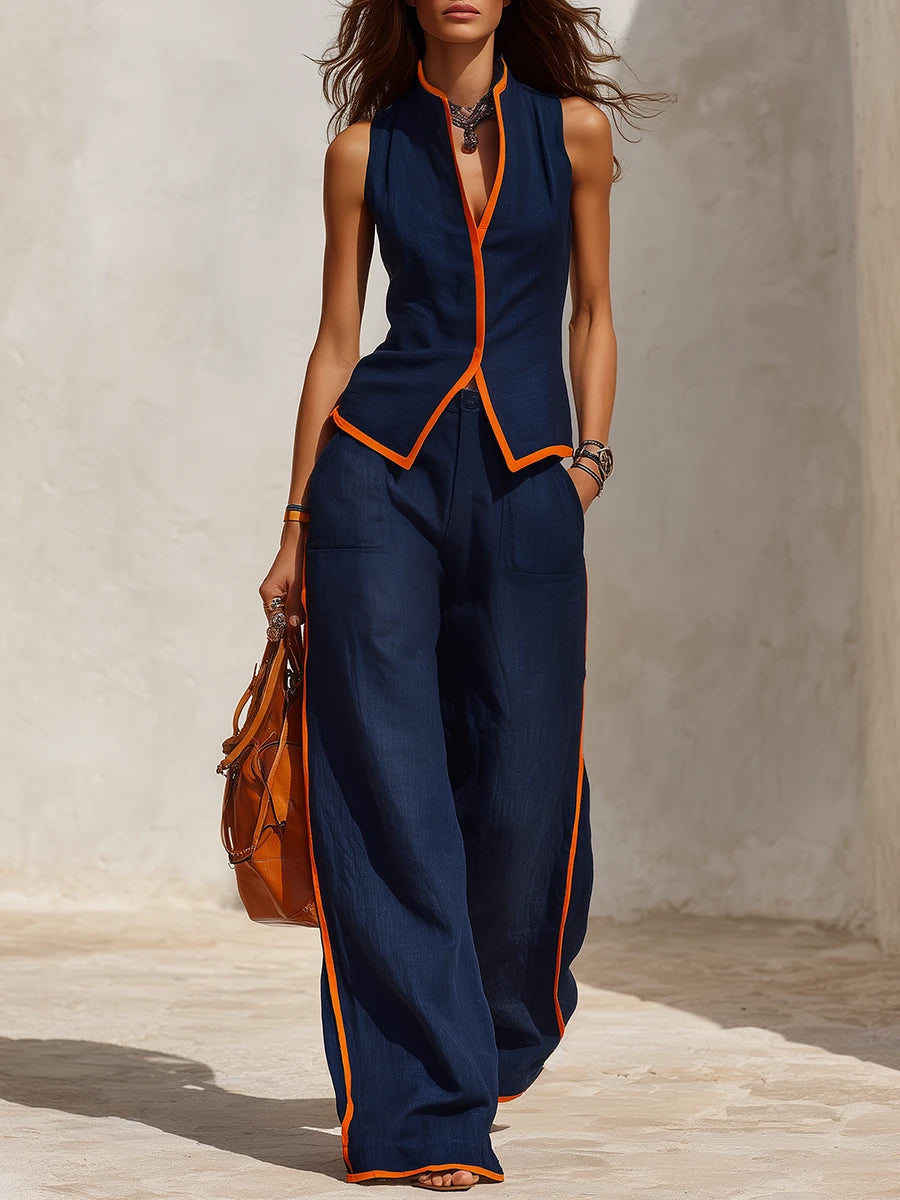 Women's Navy With Orange Trim Linen Sleeveless Set