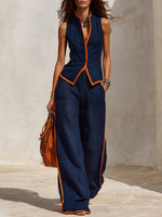 Women's Navy With Orange Trim Linen Sleeveless Set