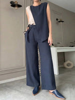 Women's Cotton-Linen Set: Round-Neck Sleeveless Color-Block Top & High-Waisted Loose-Fit Wide-Leg Pants