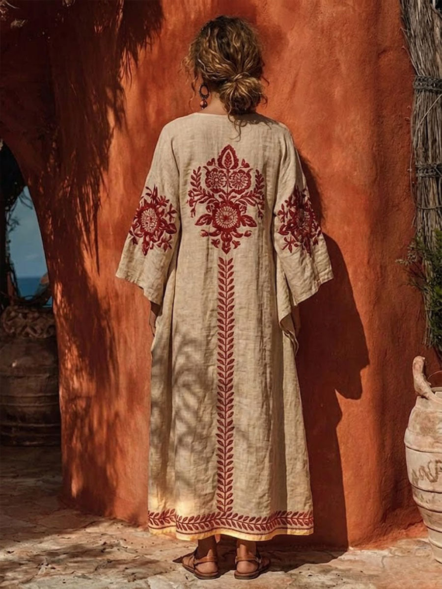 Women's Embroidered Print Casual Cotton-linen Dress