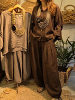 Women's Solid-color Cotton-linen Set: Loose-fit V-neck 3/4-sleeve Top & Elastic-waist Wide-leg Pants