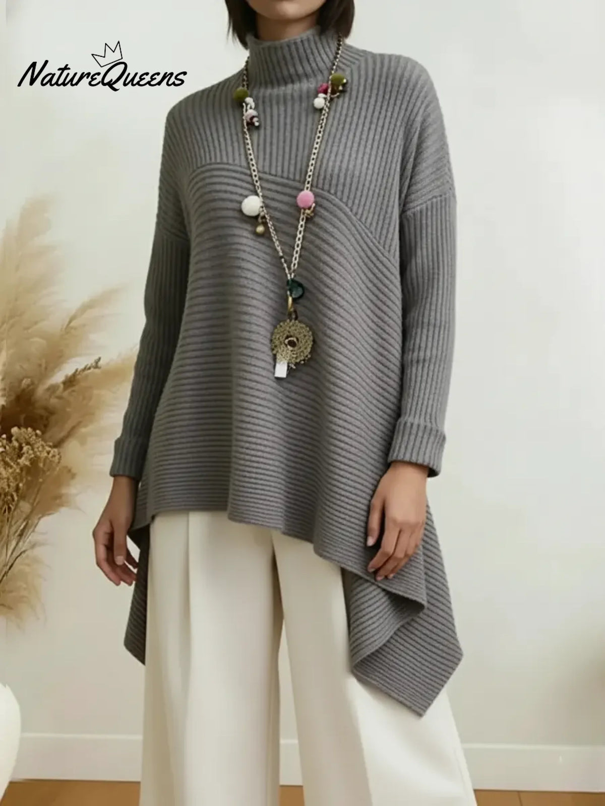 Women's Cozy High-neck Pullover Sweater With Asymmetrical Hem