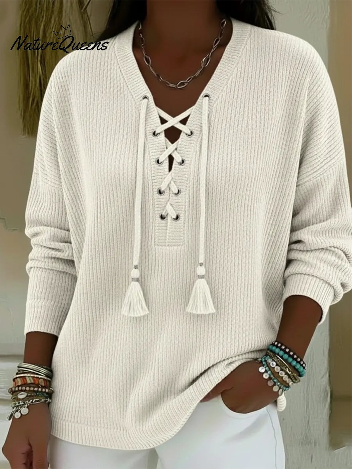 Boho Style Casual V-neck Drawstring Tassel Pullover