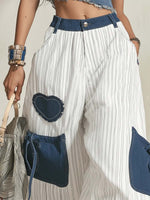 Women's Retro Striped Pattern Art Casual Cotton Denim Patchwork Pants