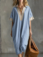 Women's Color-block V-neck Short-sleeved Casual Loose Cotton And Linen Dress