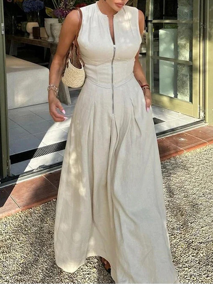 Women's Casual Zippered Maxi Sleeveless Dress