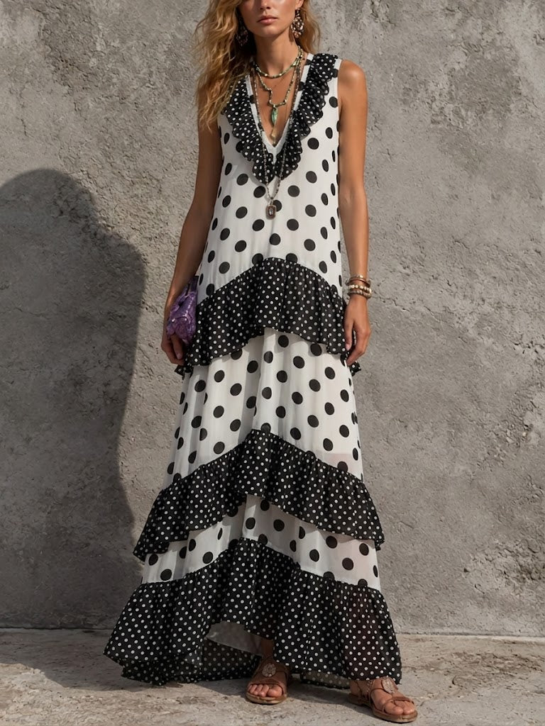 Stylish Casual Maxi Dress Featuring A Mix Of Large And Small Polka-dot Prints And Ruffled Details.