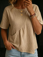 Women's Round-neck Short-sleeve Irregular Hem Cotton-linen Shirt