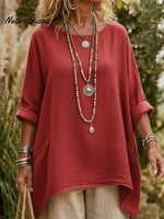 Casual V-neck Pocketed Irregular Hem Cotton And Linen Shirt