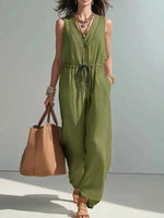 Women's Solid Color Art Button Stylish No Sleeve Cotton Jumpsuit