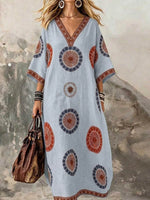 Women's Retro Geometric Print V-neck 3/4-sleeve Casual Loose Cotton-linen Dress