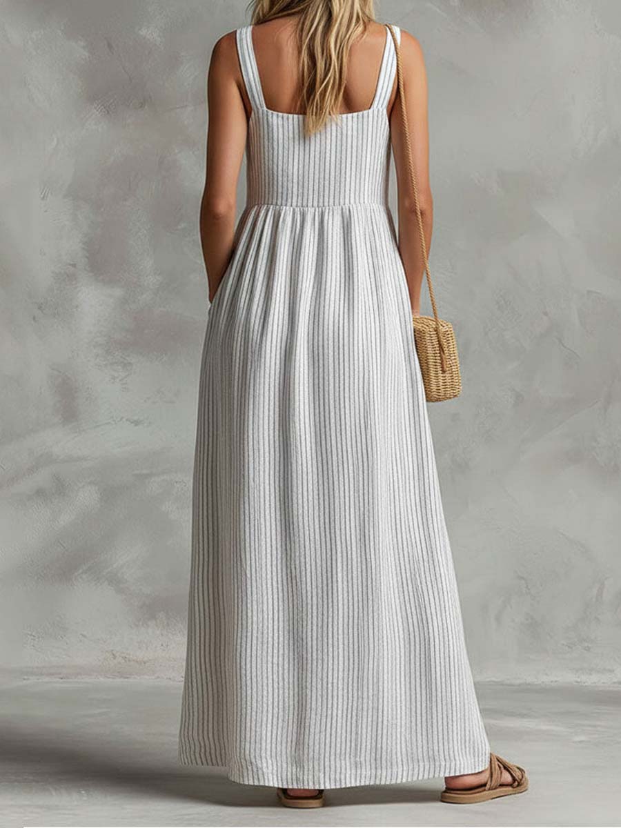 Women's Striped Art Casual Button Stylish Comfortable Cotton Linen Dress