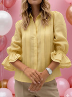 Women's Solid Color Shirt Collar Long-sleeved Casual Loose Pleated Cotton And Linen Top