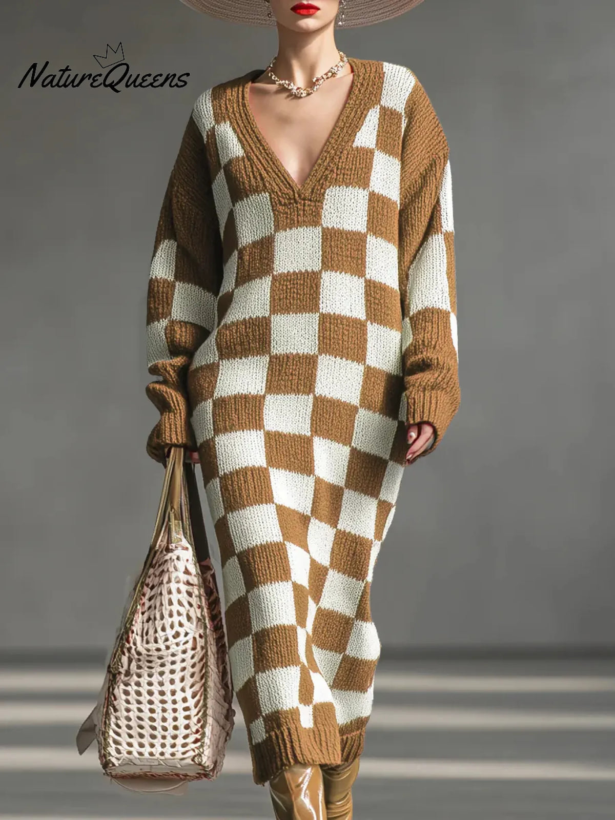 Women's Plaid Print V-neck Long-sleeved Casual Loose Knit Dress