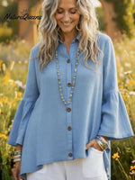 Cozy Button-down Flared Sleeve Linen Shirt Top
