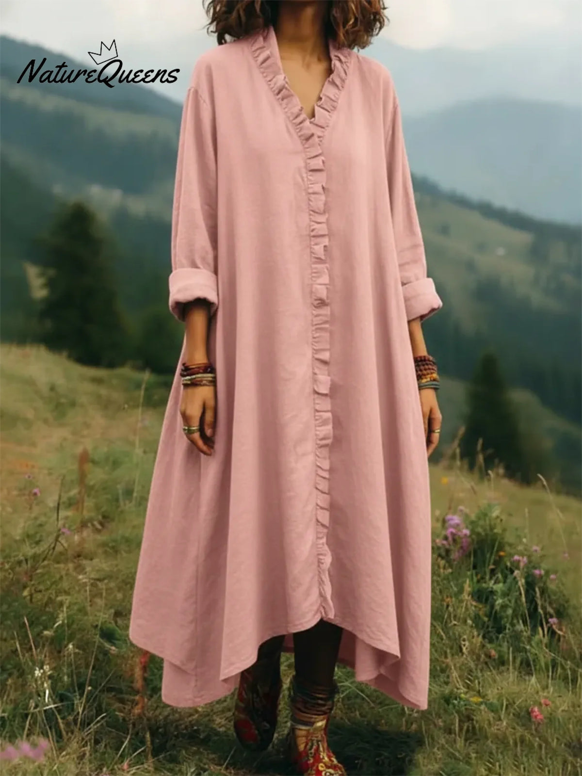 Vintage Casual Lace-trimmed V-neck Linen Dress
