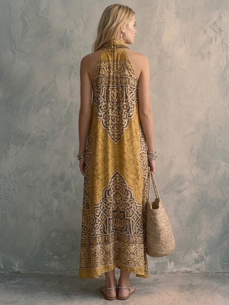 Bohemian Art-print Halter-neck Sleeveless Linen And Cotton Dress