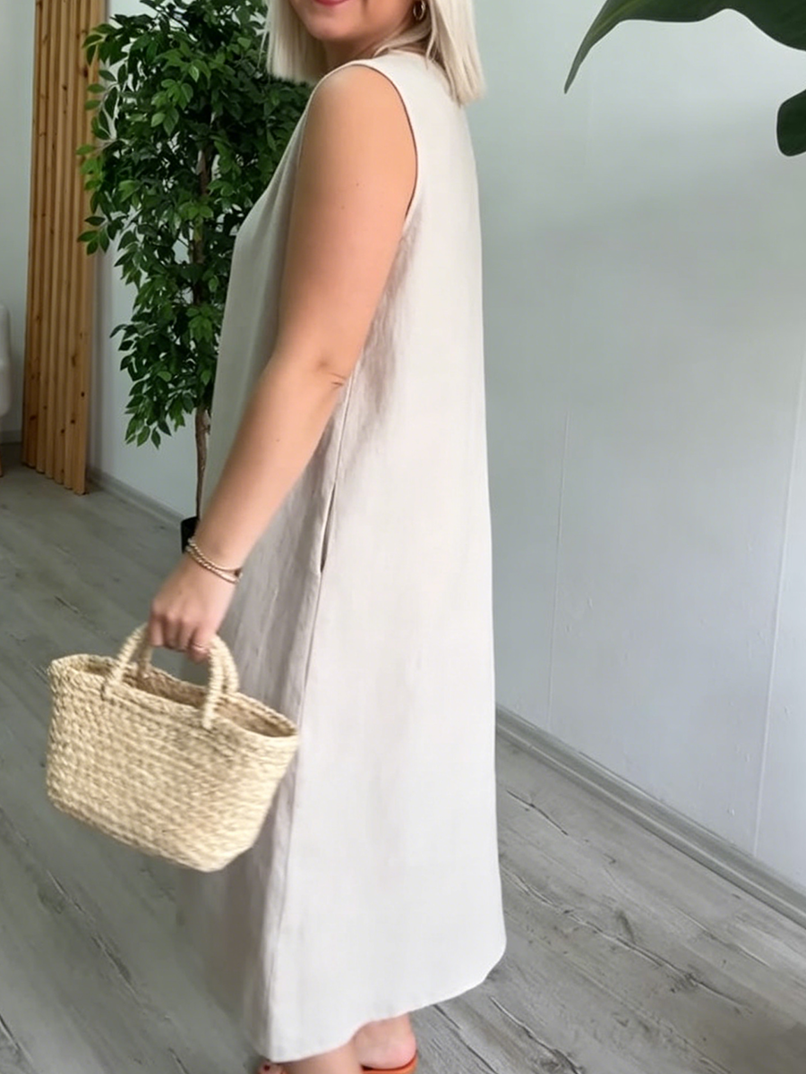Elegant Beaded-collar Cotton-linen Dress