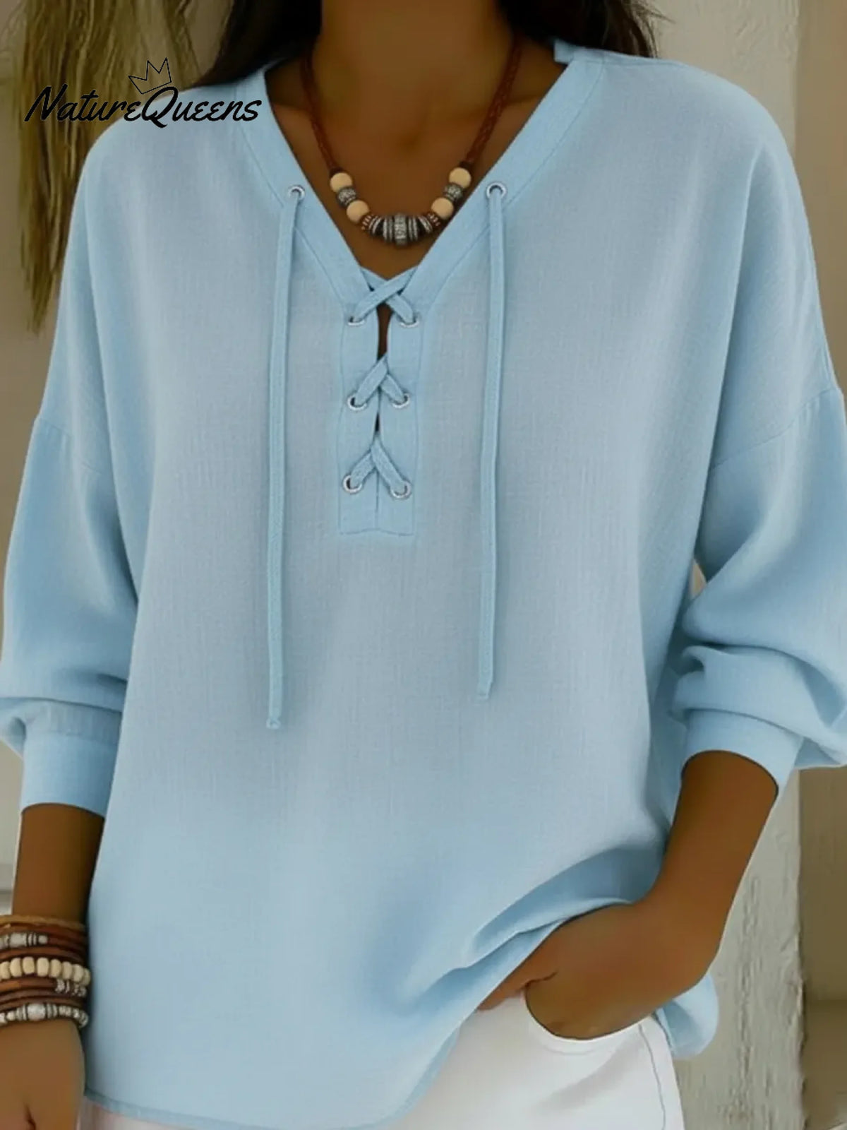 Casual Lace-up Cotton And Linen Shirt Top