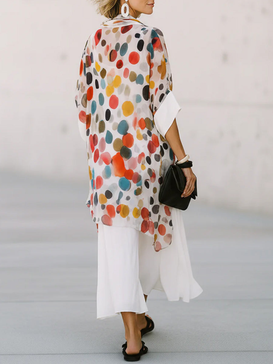 Women's Casual Loose Cotton-linen Dress With Colorful Polka Dot Print Cowl Neck And 3/4 Sleeves