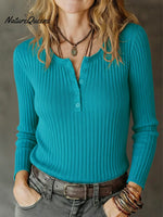 Women's Stretchy Knitted Cotton Henley Top