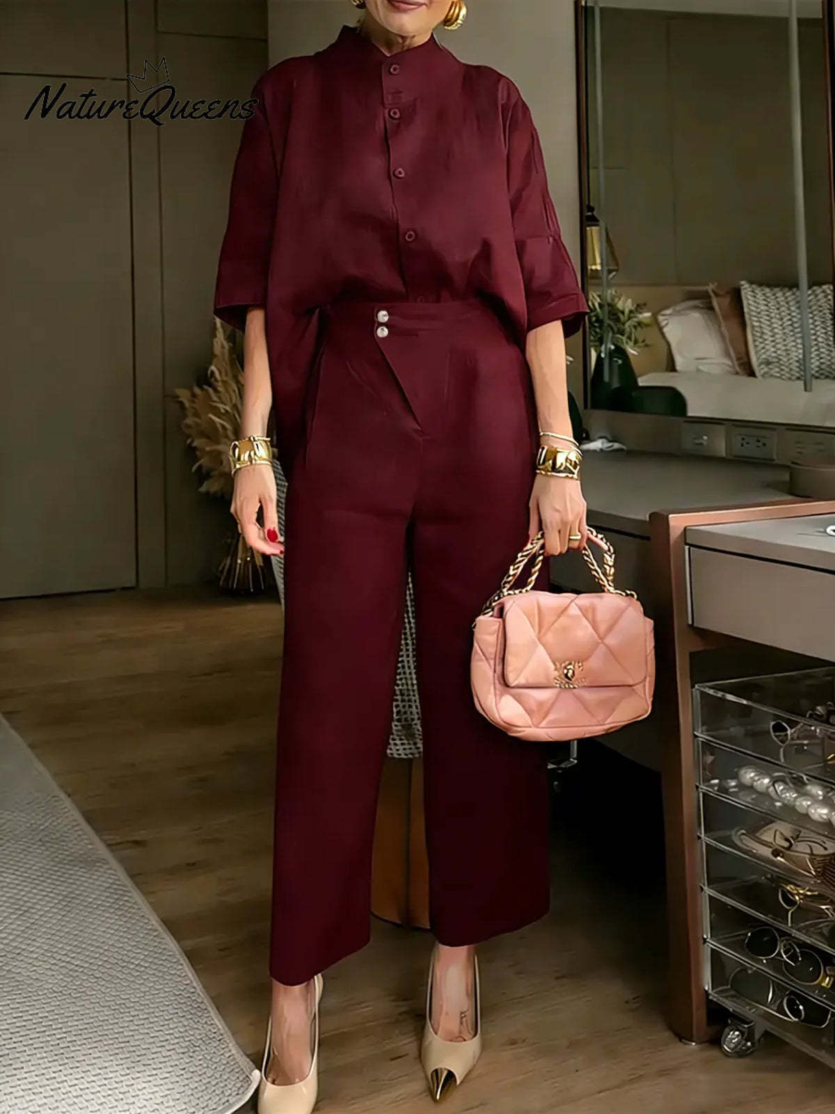 Women's Solid Color Stand-collar Three-quarter Sleeve Casual Loose Cotton And Linen Cardigan And High-waisted Wide-leg Pants Set