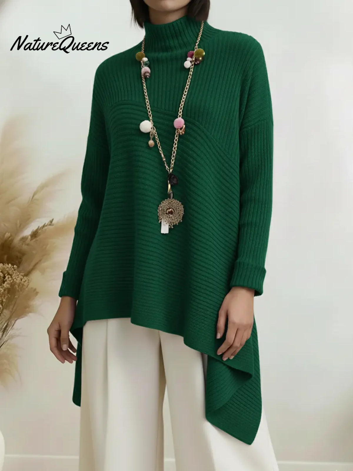 Women's Cozy High-neck Pullover Sweater With Asymmetrical Hem