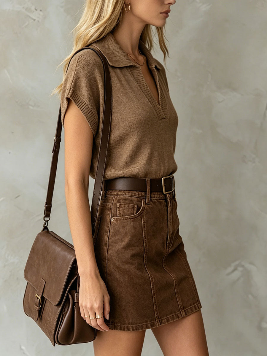 Women's Retro Brown Knitted Short-sleeve Lapel T-shirt And Denim Skirt Set