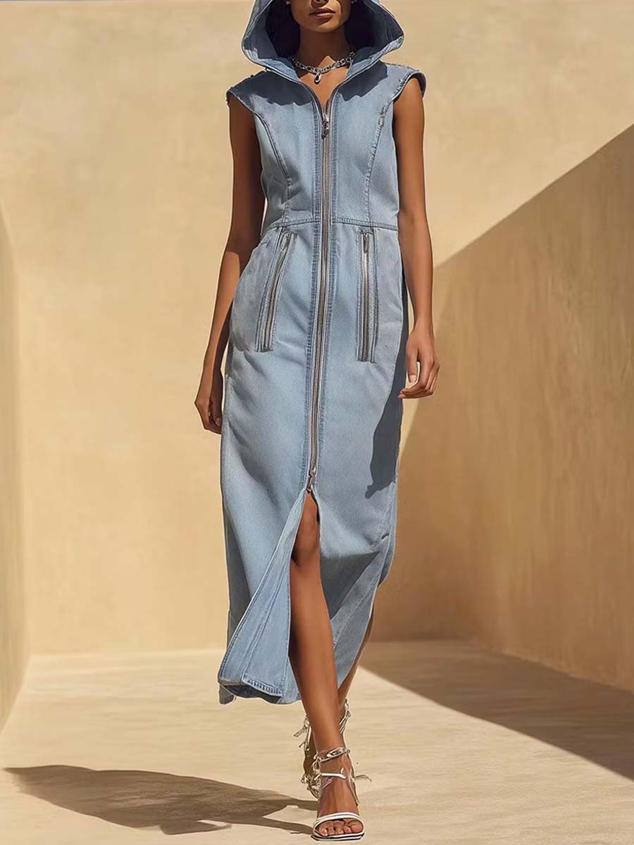 Women's Hooded Art Sleeveless Casual Stylish Zip Denim Dress