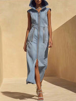 Women's Hooded Art Sleeveless Casual Stylish Zip Denim Dress